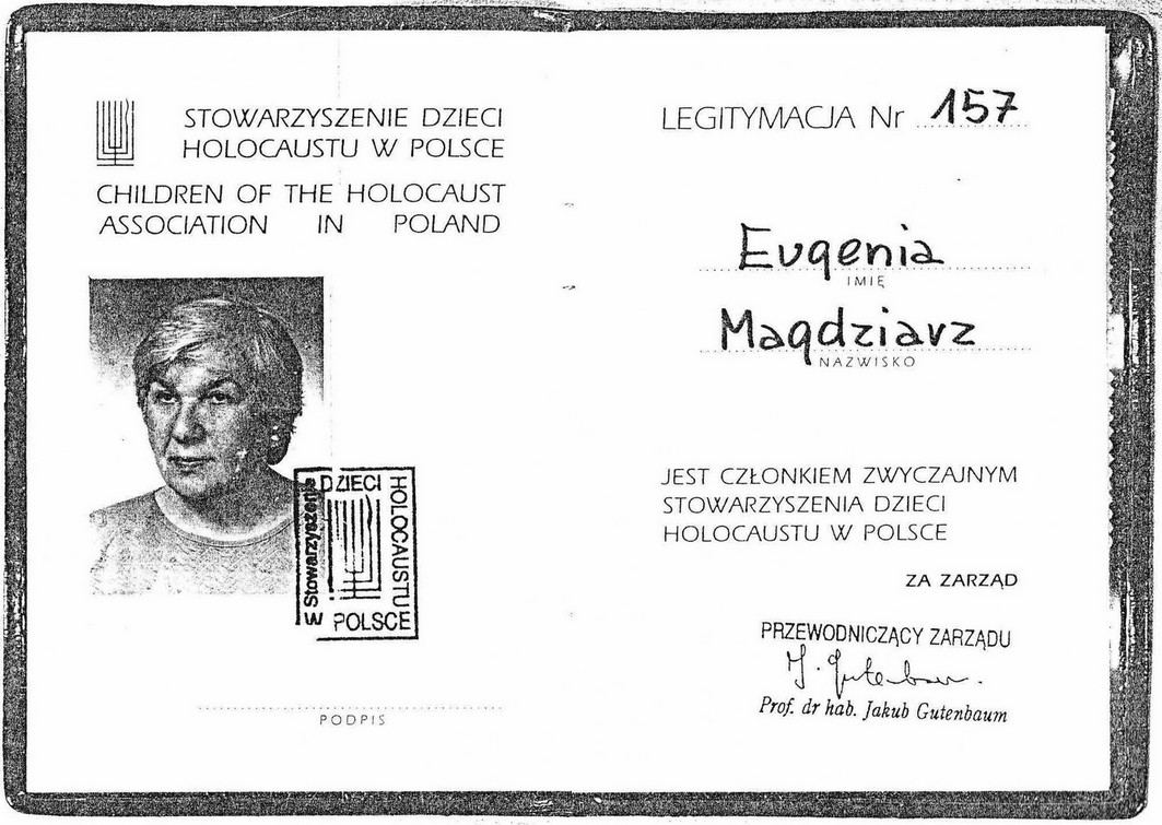 Legitymacja członkowska Eugenii Magdziarz w Stowarzyszeniu Dzieci Holocaustu w Polsce