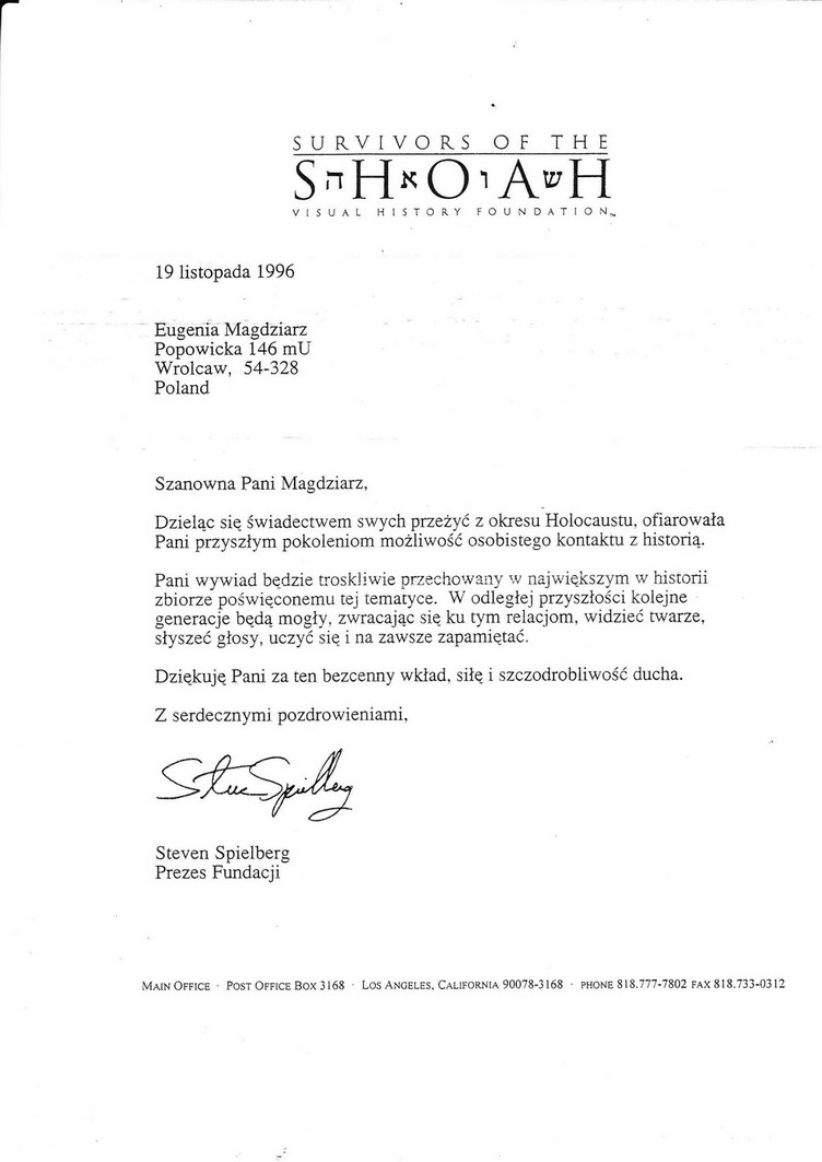 List Steven'a Spilberga, prezesa Fundacji Shoah z podziękowaniami
