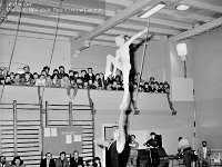 1987-32  Marzec 1987  Jawor, hala gimnastyczna Miejskiego Klubu Sportowego "Victoria" przy Szkole Podstawowej nr 5 w Jaworze, ul. Armii Radzieckiej (obecnie ul. Piłsudskiego)   Międzynarodowy Turniej w Akrobatyce Sportowej    W tle od prawej: Stanisław Mazurek, (...), (...), Piotr Biegaj - trener MKS "Victoria" Jawor i nauczyciel akrobatyki sportowej.  W tle od lewej siedzą: Michał Szkwarek - dyrektor Szkoły Podstawowej nr 5 w Jaworze, (...), Daniel Perski, (...), Edmund Protokowicz