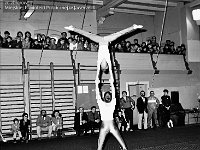 1987-41  Marzec 1987  Jawor, hala gimnastyczna Miejskiego Klubu Sportowego "Victoria" przy Szkole Podstawowej nr 5 w Jaworze, ul. Armii Radzieckiej (obecnie ul. Piłsudskiego)   Międzynarodowy Turniej w Akrobatyce Sportowej    W tle od lewej siedzą: druga: Dorota Sawicka - trener MKS "Victoria" Jawor i nauczyciel akrobatyki sportowej, Michał Szkwarek - dyrektor Szkoły Podstawowej nr 5  W tle od prawej stoją: drugi: Piotr Biegaj - trener MKS "Victoria" Jawor i nauczyciel akrobatyki sportowej, Stanisław Dziak,  Daniel Perski - działacz sportowy ze Świdnicy