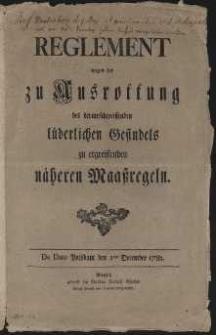 Reeglement wegen der zu Kusroffung des herumschweiffenden lüderlichen Gesindels zu ergreiffenden näheren Maassregeln, Potsdam 1 December 1782