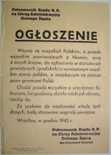 Ogłoszenie [Inc.: Wzywa się wszystkich Polaków, a przede wszystkim powracajacych z Niemiec ...] [Dokument życia społecznego]