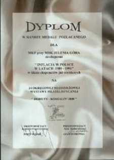 Inflacja w Polsce w latach 1989-1991 - dyplom w randze medalu pozłacanego, 2000 [Dokument życia społecznego]