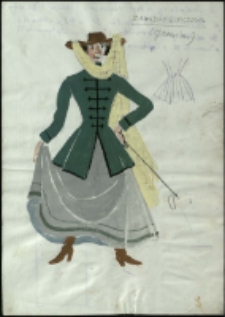 [Projekt kostiumu Zawadiakiewiczowej do sztuki "Z siedmiu najbrzydsza" Fryderyka Skarbka] [Dokumenty życia społecznego]