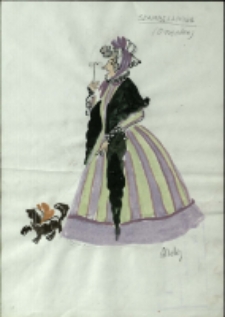 [Projekt kostiumu Szambelanowej do sztuki "Z siedmiu najbrzydsza" Fryderyka Skarbka] [Dokumenty życia społecznego]