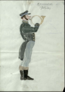 [Projekt kostiumu Ekspedytora pocztowego do sztuki "Z siedmiu najbrzydsza" Fryderyka Skarbka] [Dokumenty życia społecznego]