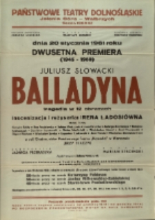 Balladyna - afisz premierowy [Dokument życia społecznego]