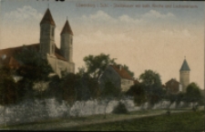 Löwenberg i. Schl. Stadtmauer mit kath. Kirche und Laubanerturm [Dokument ikonograficzny]