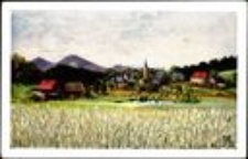 Janowice Wielkie - widok og&oacute;lny, w tle G&oacute;ry Sokole [Dokument ikonograficzny]