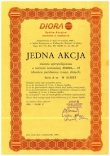 Jedna imienna akcja Diory, seria A zarejestrowana w dniu 14 września 1989 r.
