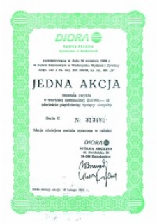 Jedna imienna akcja Diory, seria C zarejestrowana w dniu 14 września 1989 r.