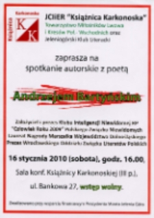 Spotkanie autorskie z poetą Andrzejem Bartyńskim - afisz [Dokument życia społecznego]