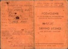 Pozwolenie Armii Polskiej na Wschodzie na prowadzenie wojskowych pojazdów mechanicznych dla Franciszka Bortnickiego (ze zdjęciem) z 17.10.1943 r.