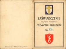Zaświadczenie na prawo noszenia odznaczeń brytyjskich Franciszka Bortnickiego z 02.03.1946 r.
