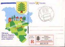 Karta pocztowa z okazji 700-lecia Obornik Śląskich i 60-lecia nadania praw miejskich ze stemplem okolicznościowym i odręcznym rysunkiem Zdzisława Nitki z nalepką pocztową z 14 października 2005 r.