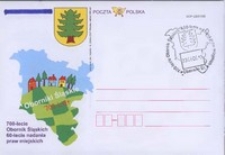 Koperta i karta pocztowa z okazji 700-lecia Obornik Śląskich i 60-lecia nadania praw miejskich ze stemplem okolicznościowym, okolicznościową nalepką polecenia „R” i zaproszeniem na spektakl Nadzieja zgaszona w płomieniach z 3 czerwca 2005 r.