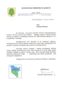 Pismo urzędowe do Romany Obrockiej od burmistrza Obornik Śląskich Pawła Misiorka, 14 czerwca 2005 r.