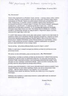 Tekst przemówienia Romany Obrockiej przygotowanego na spotkanie organizacyjne grupy My, Oborniczanie (z autografem autorki), 20 czerwca 2002 r.