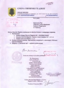 Pismo urzędowe potwierdzające przekazanie do Muzeum Regionalnego w Trzebnicy Wielkiej Księgi Obornik Śląskich, Zeszytów Obornik Śląskich i Galerii Oborniki Śląskie, druków ulotnych związanych z obchodami 700-lecia Obornik Śląskich i magazynu „Z pierwszej ręki”, 5 stycznia 2005 r.