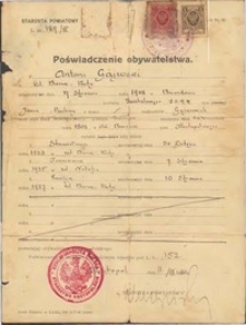 Poświadczenie obywatelstwa polskiego wydane Antoniemu Gajewskiemu 1930 r. w Kostopolu na Wołyniu