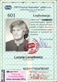 Legitymacja emeryta PKP Lucyny Lenartowicz, 31 grudnia 2004 r.