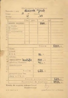 Druk obliczenia należności do wypłaty dla Józefa Misiorka, kwiecień 1949 r.