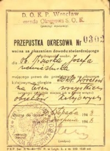 Przepustka okresowa dla Józefa Misiorka, pracownika PKP, 3.08–30.11.1948 r.