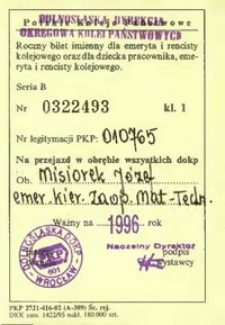 Roczny bilet PKP imienny dla emeryta i rencisty Józefa Misiorka, 1996 r.