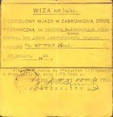Wiza wjazdu w zabronioną strefę pograniczną dla Józefa Misiorka, 29 grudnia 1948 r.