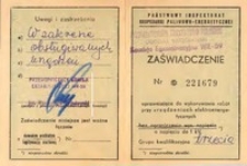 Legitymacja zaświadczenie uprawniające do wykonywania robót przy urządzeniach elektroenergetycznych dla Józefa Misiorka, 6 marca 1965 r.