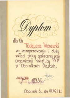 Dyplom dla ob. Tadeusza Wereszki za zaangażowanie i duży wkład pracy społecznej przy organizacji świetlicy PKP w Obornikach Śląskich, 7.02.1978 r.