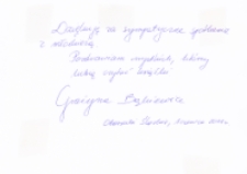 Spotkanie autorskie Grażyny Bąkiewicz z uczniami obornickiego gimnazjum podczas VIII Dolnośląskich Spotkań Pisarzy: Z książką na walizkach, 1.06.2011 r. (autograf) [Dokument ikonograficzny]