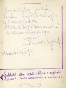 Autograf Stanisława Szreniawskiego (ks. Peikerta w spektaklu Wiesława Wodeckiego „Rzecz o zagładzie miasta”), aktora Teatru Współczesnego we Wrocławiu, 19.11.1975 r. [Dokument ikonograficzny]