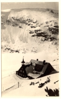 Karkonosze - widok na Schronisko Samotnia i fragment Małego Stawu zimą [Dokument ikonograficzny]
