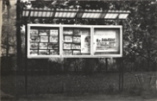 Zdjęcie tablicy informacyjnej, przedstawiającej fotografie z pochodu pierwszomajowego i propagującej III Środowiskowy Pokaz Plastyki Amatorskie, 12.05-5.06.1977 r. [Dokument ikonograficzny]