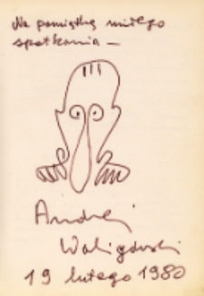 Autograf Andrzeja Waligórskiego z rysunkiem satyryka i poety w Obornickim Ośrodku Kultury, 19.02.1980 r. [Dokument ikonograficzny]