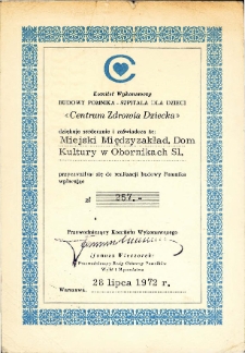 Podziękowanie za wpłatę na budowę pomnika Centrum Zdrowia Dziecka dochodu z loterii, zorganizowanej przez MMzDK na festynie z okazji Dnia Dziecka, 28.07.1972 r. [Dokument ikonograficzny]