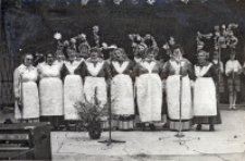 Zespół śpiewaczy Koła Gospodyń Wiejskich przy Klubie Rolnika w Wilczynie w programie „Wieś obornicka śpiewem malowana” podczas występu w eliminacjach rejonowych Turnieju Kolorowe Wsie w Wołowie, 24.06.1984 r. [Dokument ikonograficzny]