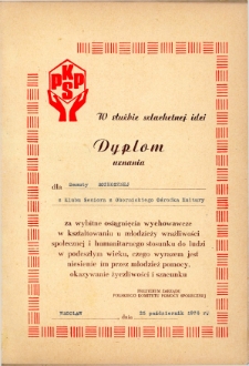 Dyplom uznania dla Danuty Rozkosznej, kierowniczki Klubu Seniora w Obornickim Ośrodku Kultury, za wybitne osiągnięcia od wrocławskiego prezydium zarządu Polskiego Komitetu Pomocy Społecznej, 25.10.1976 r.