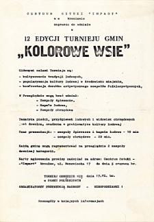 Zaproszenie z Centrum sztuki „Impart” we Wrocławiu dla zespołu śpiewaczego Koła Gospodyń Wiejskich w Piekarach do udziału w 12. edycji turnieju „Kolorowe Wsie” z regulaminem konkursu, 1990 r.