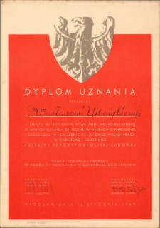 Dyplom uznania dla Wacława Urbańskiego w 50. rocznicę Powstania Wielkopolskiego, 18.01.1969 r.