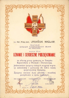 Dyplom uznania Związku Bojowników o Wolność i Demokrację dla weterana Powstania Wielkopolskiego ppor. Wacława Urbańskiego, 25.01.1984 r.