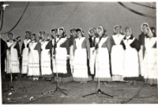 Grupowe zdjęcie Zespołu Śpiewaczego z Kuraszkowa na scenie podczas występu na turnieju „Kolorowe Wsie” w Oławie, 20.09.1987 r. [Dokument ikonograficzny]