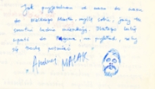 Autograf wrocławskiego dziennikarza Krzysztofa Kucharskiego ps. „Andrzej Malak”, udzielony młodzieży po spotkaniu autorskim w sali wiejskiego ośrodka kultury w Pęgowie, 5.05.1978 r. [Dokument ikonograficzny]