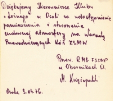 Odręcznie napisane przez M. Księżopolskiego, przewodniczącego obornickiej Rady Miejsko-Gminnej Federacji Socjalistycznych Związków Młodzieży Polskiej, podziękowanie za użyczenie Klubu Leśnego w Osoli na spotkanie przewodniczących kół Związku Socjalistycznej Młodzieży Wiejskiej, 3.04.1976 r. [Dokument ikonograficzny]