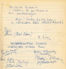 Autografy aktorów Teatru Wędrującego z Wrocławia udzielone po przedstawieniu „Wesele bez panny młodej” w Klubie Leśnym w Osoli, 15.01.1981 r. [Dokument ikonograficzny]