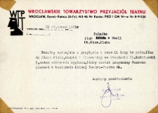 Zaproszenie po odbiór dyplomu w konkursie Bliżej Teatru ’84 dla Klubu Leśnego w Osoli, 11.02.1985 r.