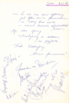 Autografy aktorów Teatru Wędrującego z Wrocławia podczas spektaklu „Ziemia przeznaczona” w Klubie Leśnym w Osoli, 15.01.1981 r. [Dokument ikonograficzny]