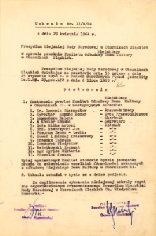 Uchwała Prezydium Miejskiej Rady Narodowej w Obornikach Śląskich w sprawie powołania komitetu odbudowy Miejskiego Domu Kultury w Obornikach Śląskich, 29.04.1964 r.