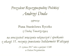 Uroczystość wręczenia odznaczeń i spotkanie z okazji 35. rocznicy powstania Solidarności Walczącej – zaproszenie dla pana Stanisława Ryczka [Dokument życia społecznego]